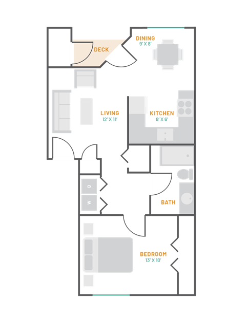 Floor plan for 1 bed, 1 bath, 747 sqft